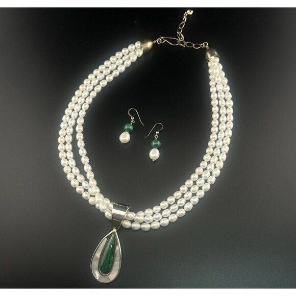 Jay King DTR Necklace, Pendant, Earrings Set Malachite Pearl Sterling Silver 925